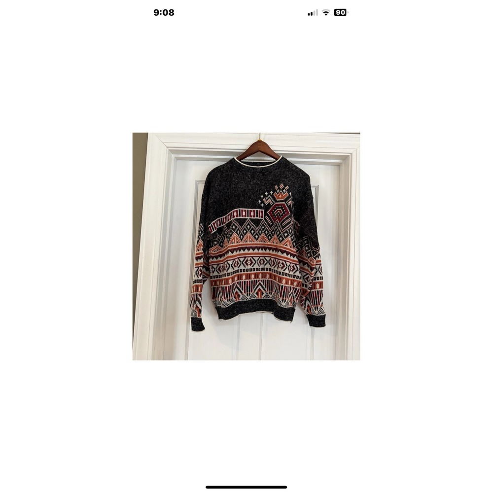 Vintage Sears The Mens Store Southwestern Geometric Knit Sweater XL Black Rust